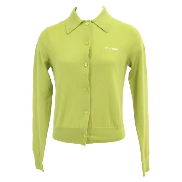 Miu Miu Cashmere Silk Logo Collared Knit Cardigan 38 in Silk from The Reluxe, photo 1 of 1