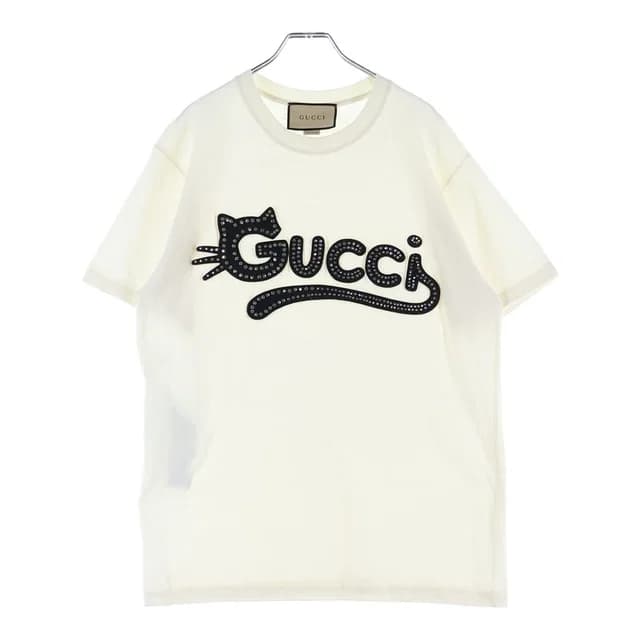 Gucci Cat Logo Short Sleeve Tee T-Shirt Cotton Rhinestone White in White from The Reluxe, photo 1 of 1