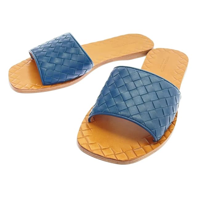 Bottega Veneta Intrecha Leather Sandals Blue Brown in Brown Leather from The Reluxe, photo 1 of 1