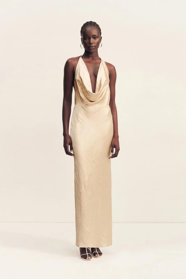 Shona Joy ANDIE CRUSHED LOW COWL MAXI DRESS - CHAMPAGNE, image 1 of 1 from Shona Joy