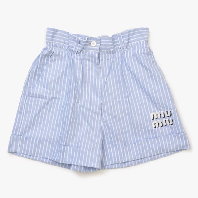 Miu Miu Shorts Striped Logo Patch Blue in Blue from The Reluxe, photo 1 of 1