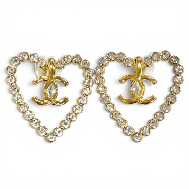 Chanel CC Logo Heart Crystal Rhinestone Earrings for Both Ears Gold in Gold from The Reluxe, photo 1 of 1