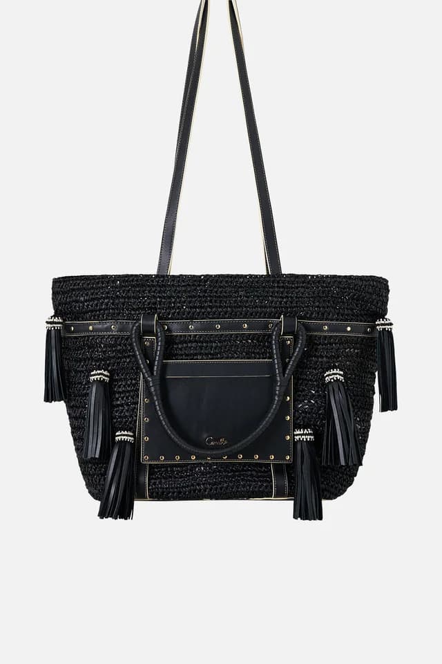 Camilla eBoutique RAFFIA TOTE WITH TASSELS SOLID BLACK, image 1 of 1 from CAMILLA