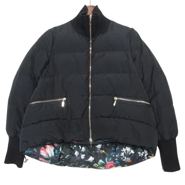 Moncler Down Jacket Zoe Zip Up Outer Short Length Tropical Pattern Lining Black in Black from The Reluxe, photo 1 of 1