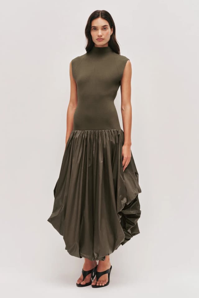 AJE Venetia Knit Midi Dress in KHAKI, image 1 of 1 from Aje