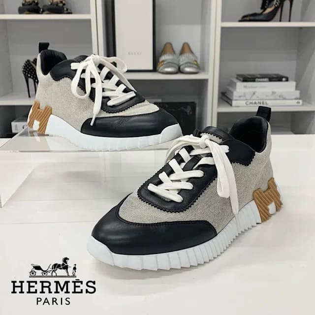 Hermès Bouncing Fabric Leather Sneakers Black Beige in Black Leather from The Reluxe, photo 1 of 1