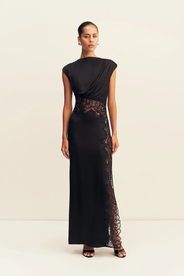 Shona Joy ENIKO LACE GATHERED MAXI DRESS - BLACK, image 1 of 1 from Shona Joy