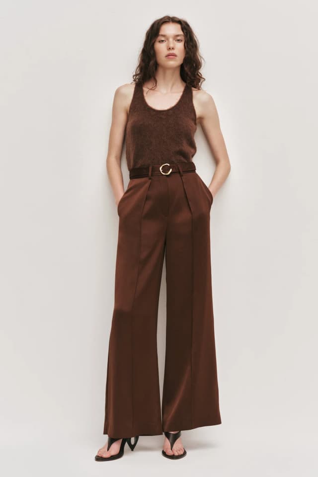 AJE Andrea Satin Pant in DARK CHOCOLATE, image 1 of 1 from Aje
