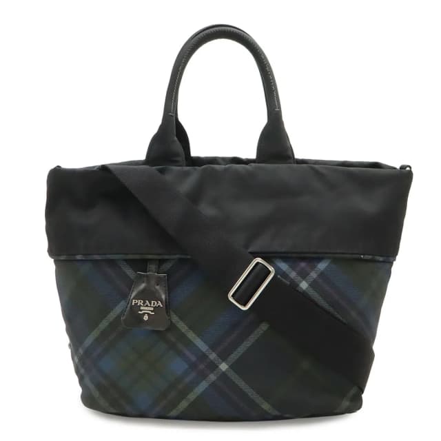 Prada Tote 2-Way Shoulder Bag Reversible Check Nylon Black Blue Multicolor in Black Nylon from The Reluxe, photo 1 of 1