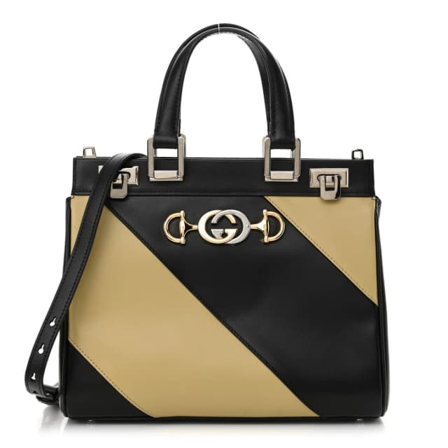 Gucci Zumi Diagonal Stripe Top Handle Calfskin Leather Bag - Black & Beige in Black Calfskin from H&T, photo 1 of 1