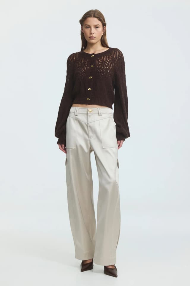 AJE Brielle Lace Knit Cardigan in CHOCOLATE, image 1 of 1 from Aje