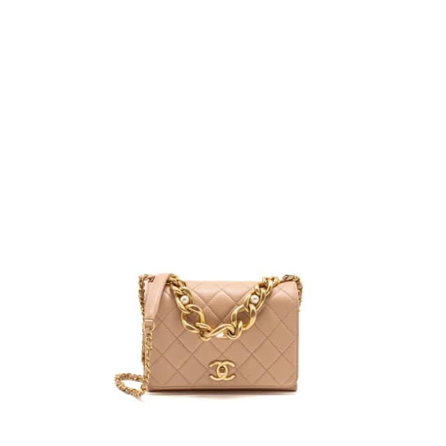 Chanel Pearl Chain Flap Bag Calfskin Beige GHW (Microchip) in Beige Calfskin from EMIER, photo 1 of 1