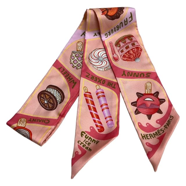 Hermès Scarf Twilly Pink Multi Funny Ice Cream in White from The Reluxe, photo 1 of 1