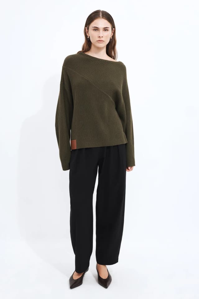 Aje Studio Mila Asymmetric Knit Jumper in OLIVE, image 1 of 1 from Aje