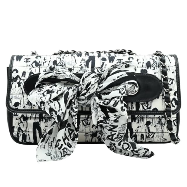 Chanel Around 2003 Silk Chocolate Bar model scarf pattern scarf chain shoulder bag White/Black from VINTAGE QOO TOKYO, photo 1 of 1