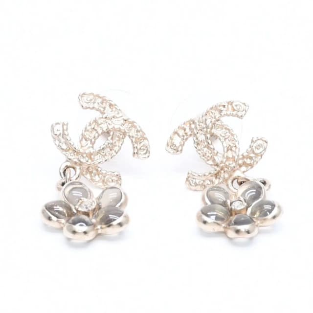 Chanel CC Logo Camellia Drop Earrings Stamp Metal Rhinestone Resin in Resin from The Reluxe, photo 1 of 1