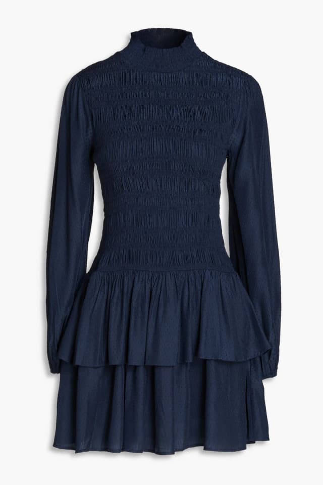 Maje Shirred Ruffled Swiss-dot Mini Dress in Blue, image 1 of 1 from THE OUTNET