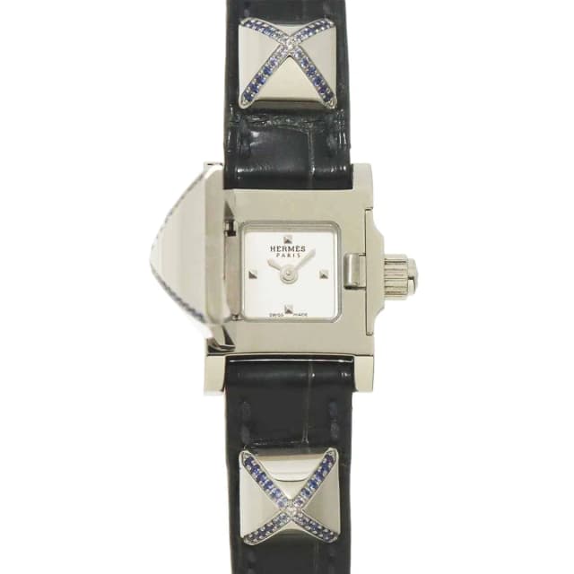 Hermès Medor Mini Watch Sapphire Pyramid Silver Studs Quartz in Silver Crocodile from The Reluxe, photo 1 of 1