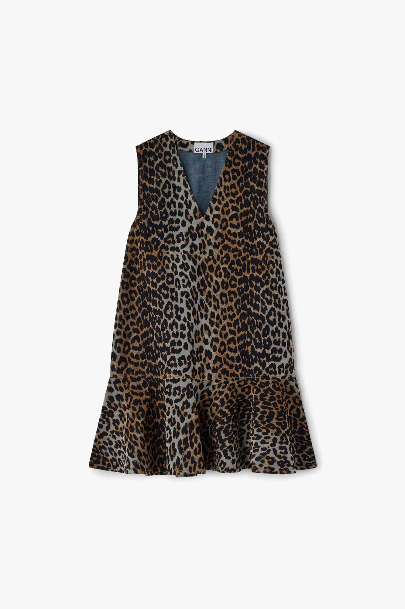 GANNI Leopard Denim Mini Dress in Almond Milk 61% Recycled Cotton, 20% Viscose, 19% Recycled Polyester, image 1 of 1 from GANNI (Canada)