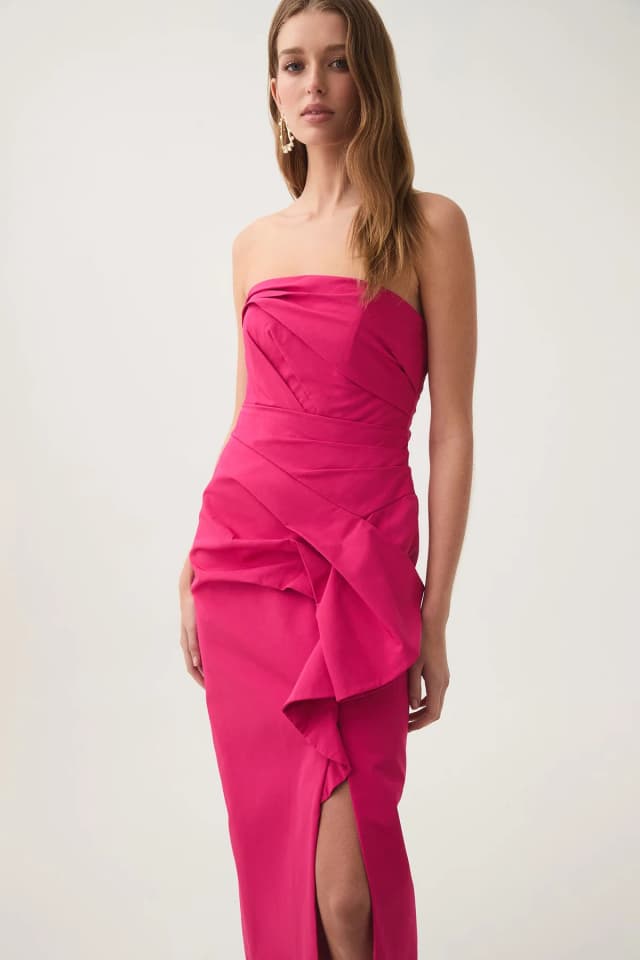 AJE Roma Draped Midi Dress in RICH MAGENTA, image 1 of 1 from Aje