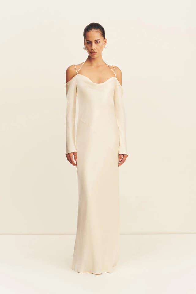 Shona Joy LA LUNE OFF SHOULDER TIE MAXI DRESS - CREAM, image 1 of 1 from Shona Joy
