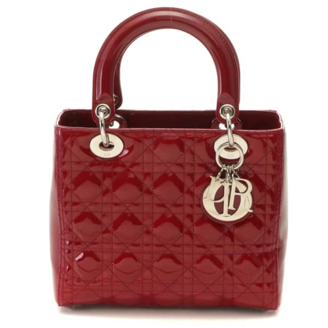 Cannage Lady Dior Handbag Medium Patent Leather Red Silver Plate in Red Patent leather from The Reluxe, photo 1 of 1
