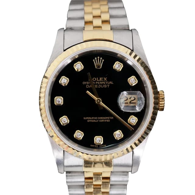 Rolex Datejust 36mm 18k Gold Steel Fluted Bezel Black Diamond Dial Watch 16233 in Black from Dallas Designer Handbags, photo 1 of 1