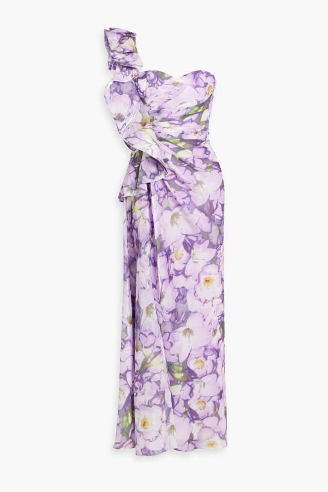 Badgley Mischka One-Shoulder Ruffled Floral-Print Crepon Maxi Dress in Lilac, image 1 of 1 from THE OUTNET