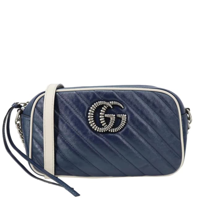 Gucci GG Marmont Torchon Small Diagonal Calfskin Leather Camera Bag Navy Blue 447632 in Navy Calfskin from Dallas Designer Handbags, photo 1 of 1