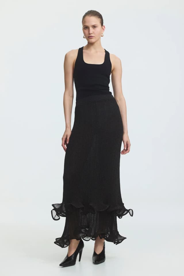 AJE Agata Ruffle Knit Midi Skirt in BLACK METALLICA, image 1 of 1 from Aje