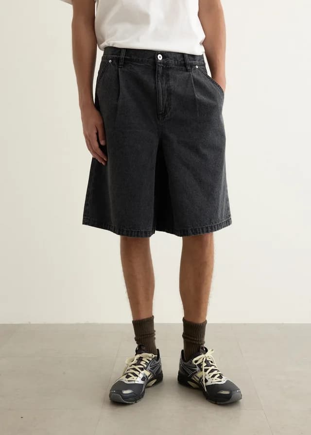 Incu Collection Dragline Pleated Denim Shorts in WASHED BLACK, image 1 of 1 from Incu