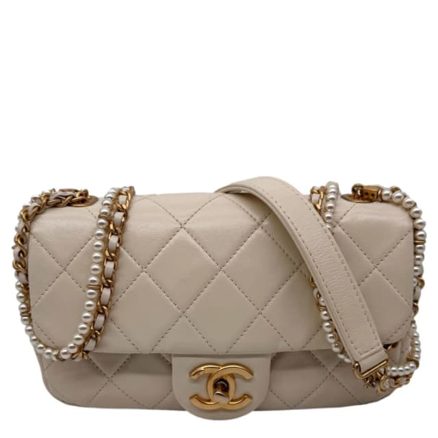 Chanel Crystal Pearls Rectangular Flap Mini Quilted Leather Chain Crossbody Bag Cream in White Leather from Dallas Designer Handbags, photo 1 of 1