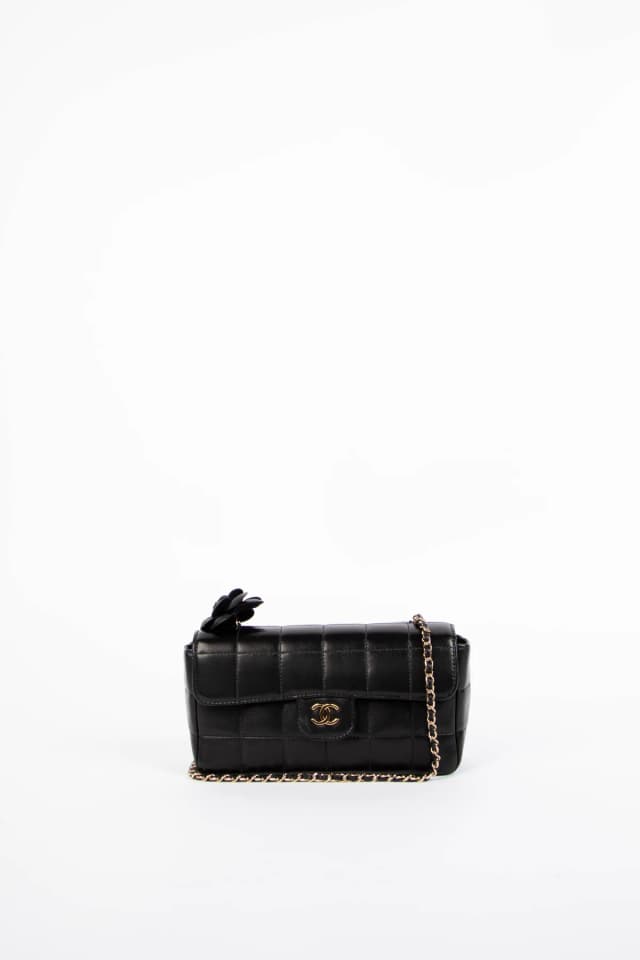 2000s Chanel Black Lambskin Leather Mini Camellia Chocolate Bar Crossbody Bag in Black Lambskin from Break Archive, photo 1 of 1