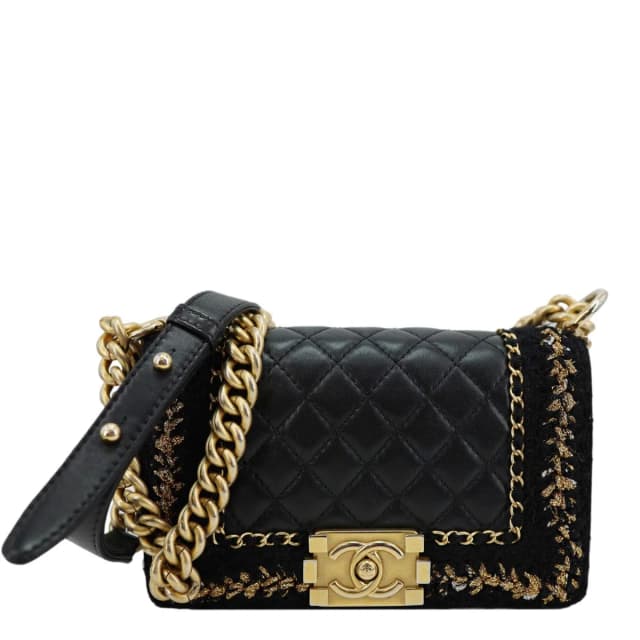 Chanel Boy Flap Braided Jacket Tweed Crossbody Bag Black in Black Tweed from Dallas Designer Handbags, photo 1 of 1