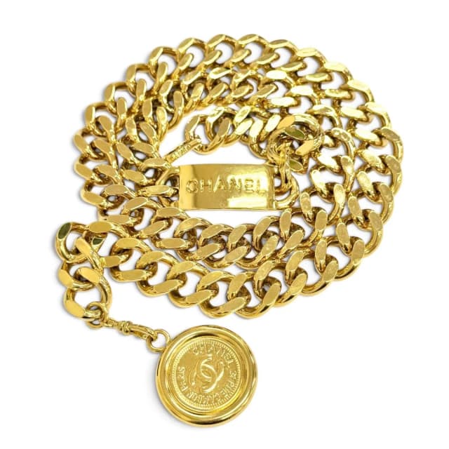 Chanel Vintage 94P CC Logo Coin Motif Plate Chain Belt Gold in Gold from The Reluxe, photo 1 of 1