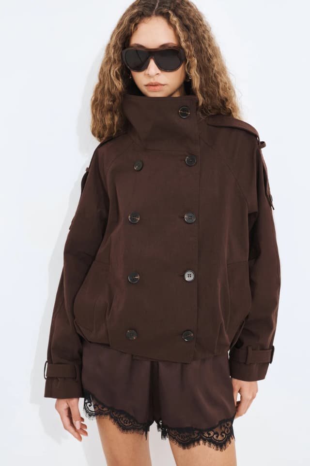 Aje Studio Rory Funnel Neck Trench in CHOCOLATE, image 1 of 1 from Aje