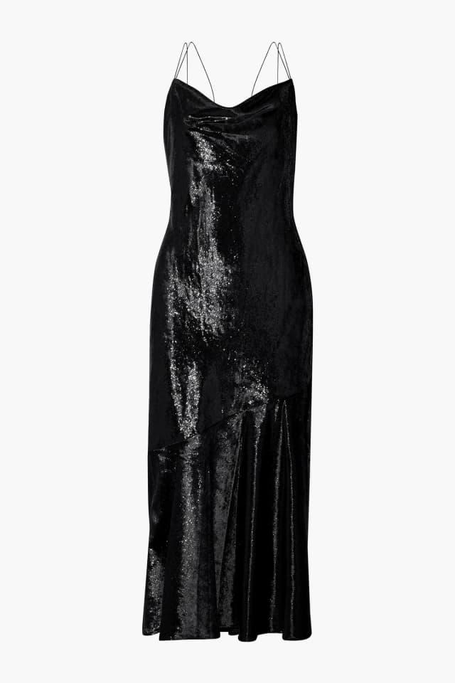 Rachel Zoe Metallic Velvet Draped Midi Dress in Black, image 1 of 1 from THE OUTNET
