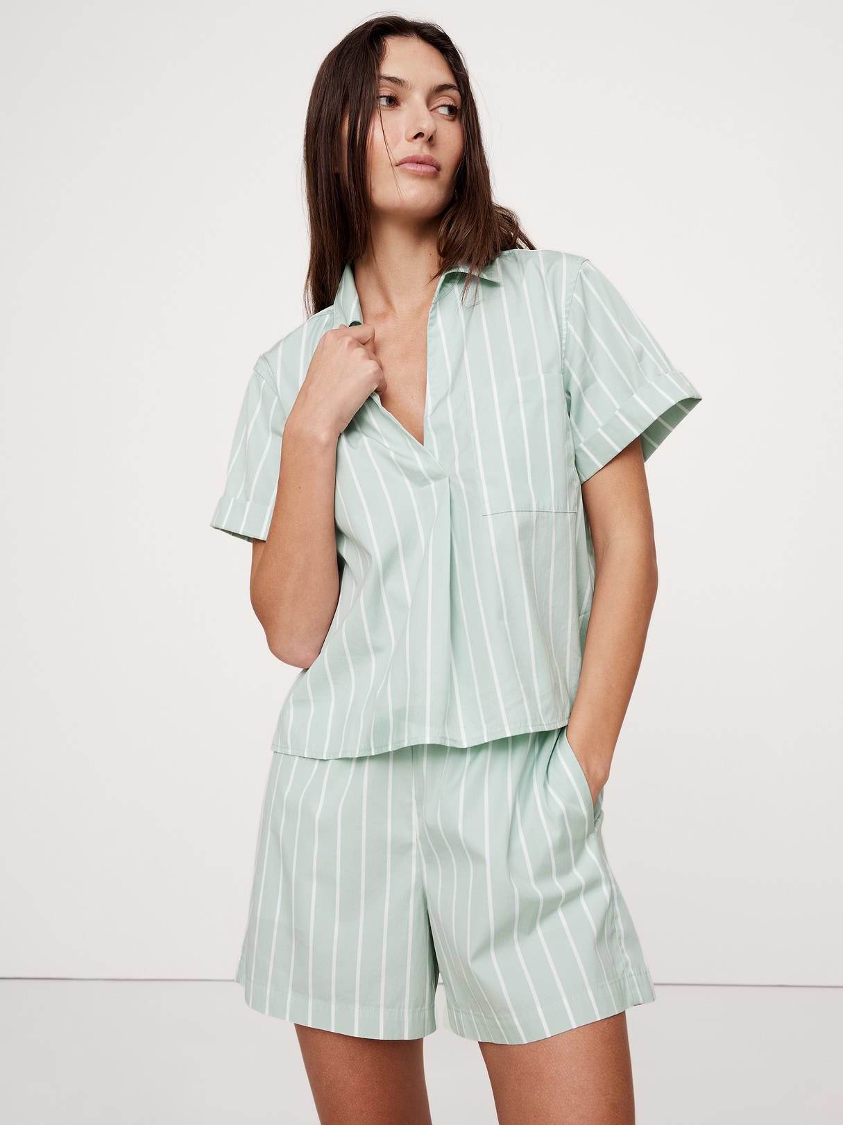 Banana Republic Cotton Poplin Cropped Popover Shirt in Tide Stripe Sea Salt, image 1 of 1 from Banana Republic (Canada)