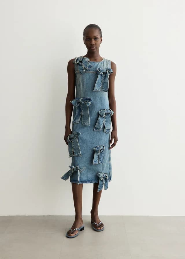 Ganni Tint Rigid Denim Bow Dress in Mid Blue Vintage, image 1 of 1 from Incu