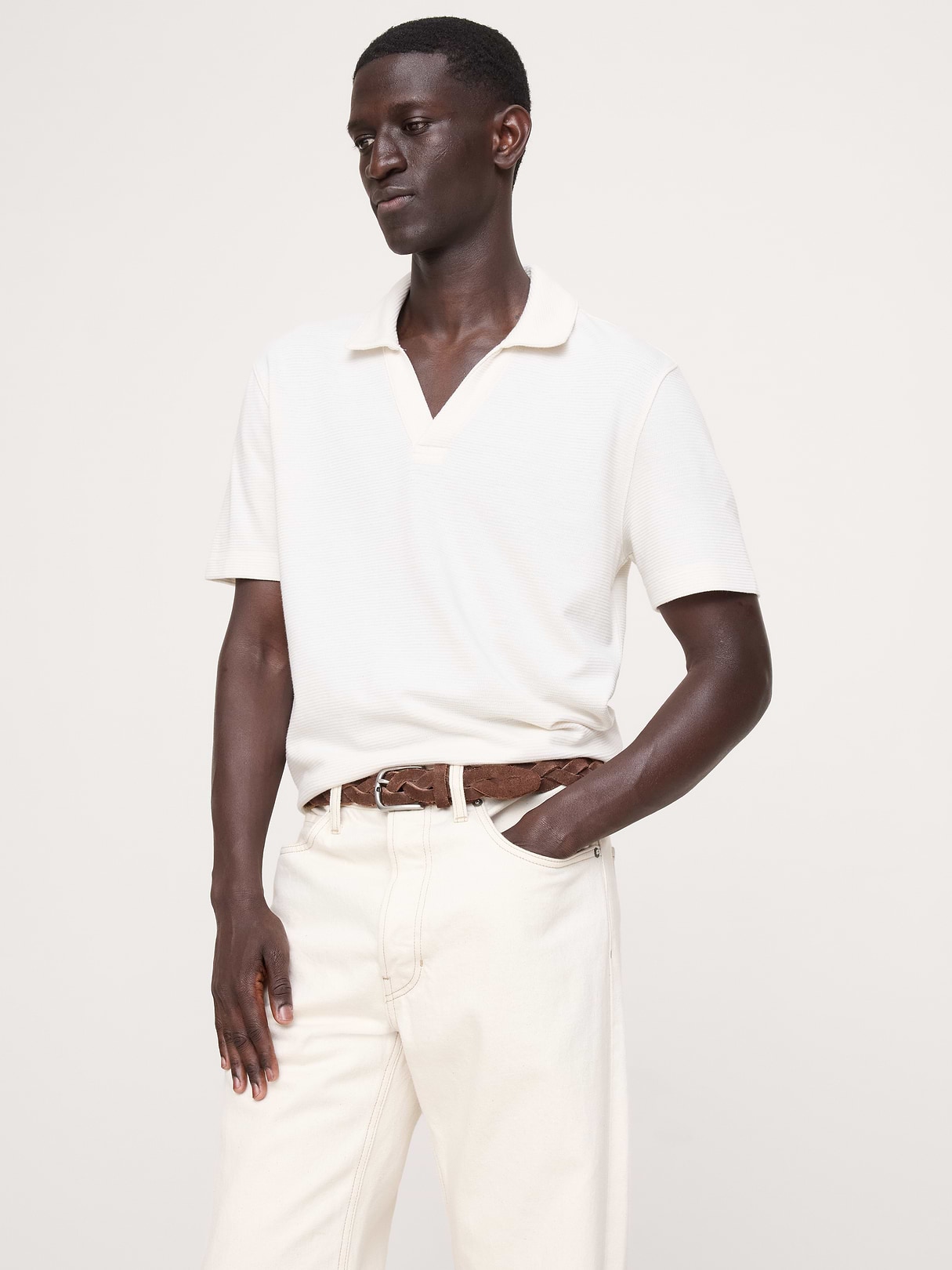 Mesh Johnny-Collar Polo in Iced Vanilla Ivory, image 1 of 1 from Banana Republic (Canada)
