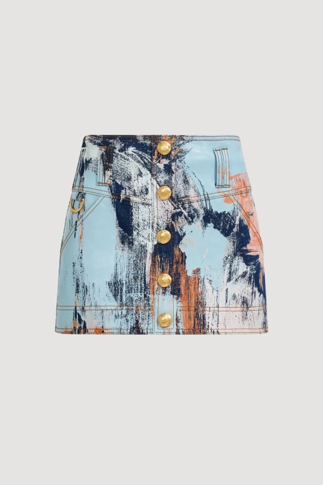 AJE Lettera Denim Mini Skirt in BRUSH STROKE, image 1 of 1 from Aje