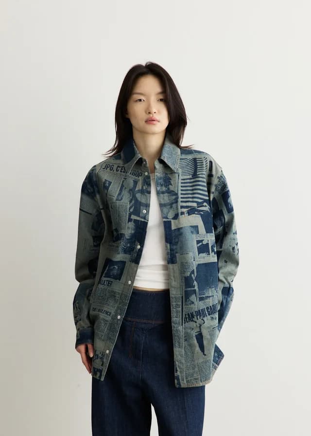 Jean Paul Gaultier Denim Shirt With Newspaper Print in INDIGO-BEIGE, image 1 of 1 from Incu