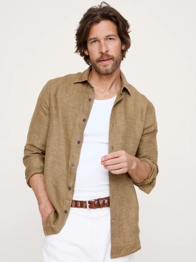 Banana Republic Slim-Fit Linen Shirt in Khaki Sand, image 1 of 1 from Banana Republic (Canada)