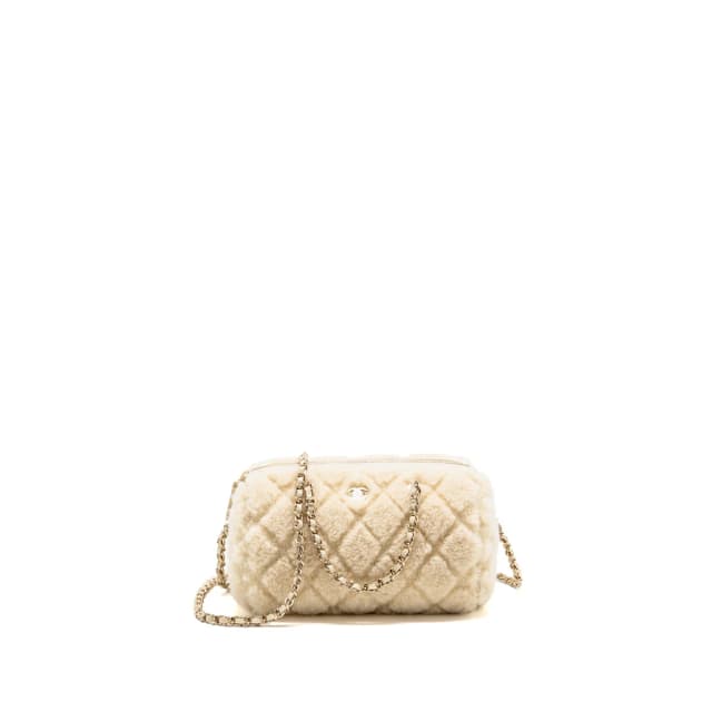 Chanel Quilted Barrel Clutch with Chain Shearling Ivory LGHW (Microchip) in White from EMIER, photo 1 of 1