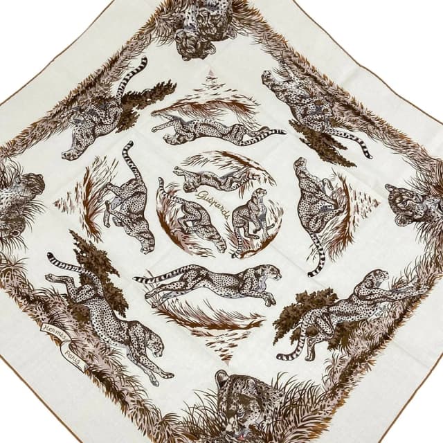 Hermès Scarf Carre 80 White Dark Brown Multi Guepards Cheetah in Brown from The Reluxe, photo 1 of 1