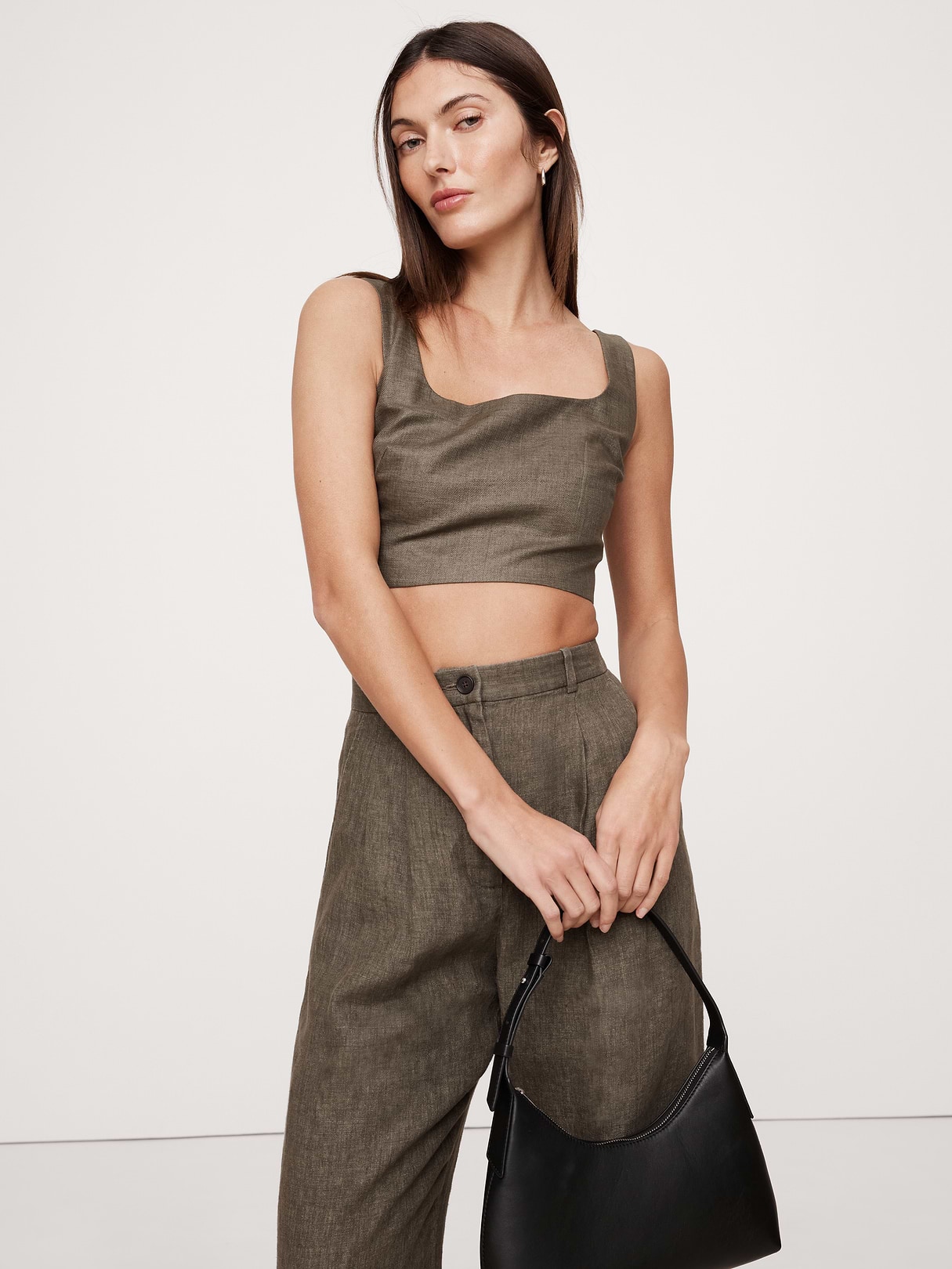Banana Republic Linen Square-Neck Cropped Tank in Spiced Olive Green, image 1 of 1 from Banana Republic (US)