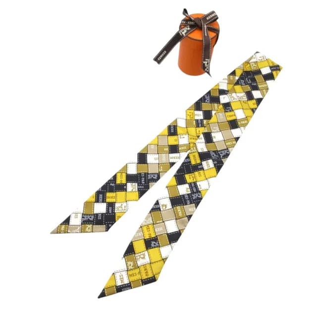 Hermès Twilly Bolduc Check Scarf Silk Yellow Black White X in Black Silk from The Reluxe, photo 1 of 1