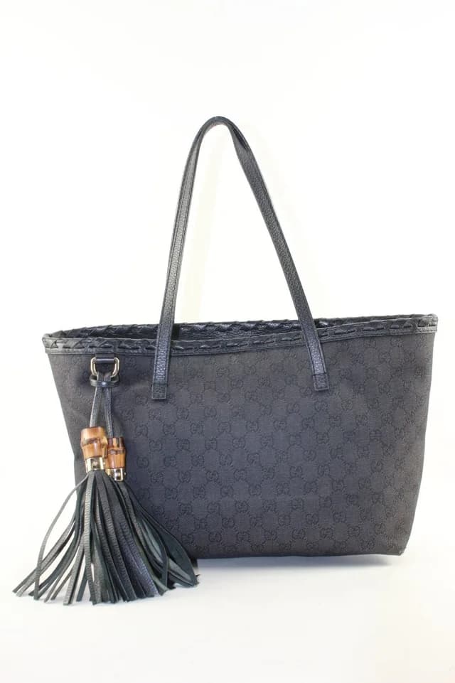 Gucci Black Monogram Denim Bamboo Fringe Tassel Tote in Black Denim from Bagriculture, photo 1 of 1