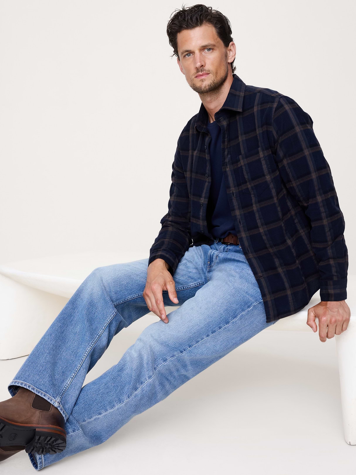 Banana Republic Standard-Fit Lightweight Corduroy Shirt in Navy Blue Plaid, image 1 of 1 from Banana Republic (US)