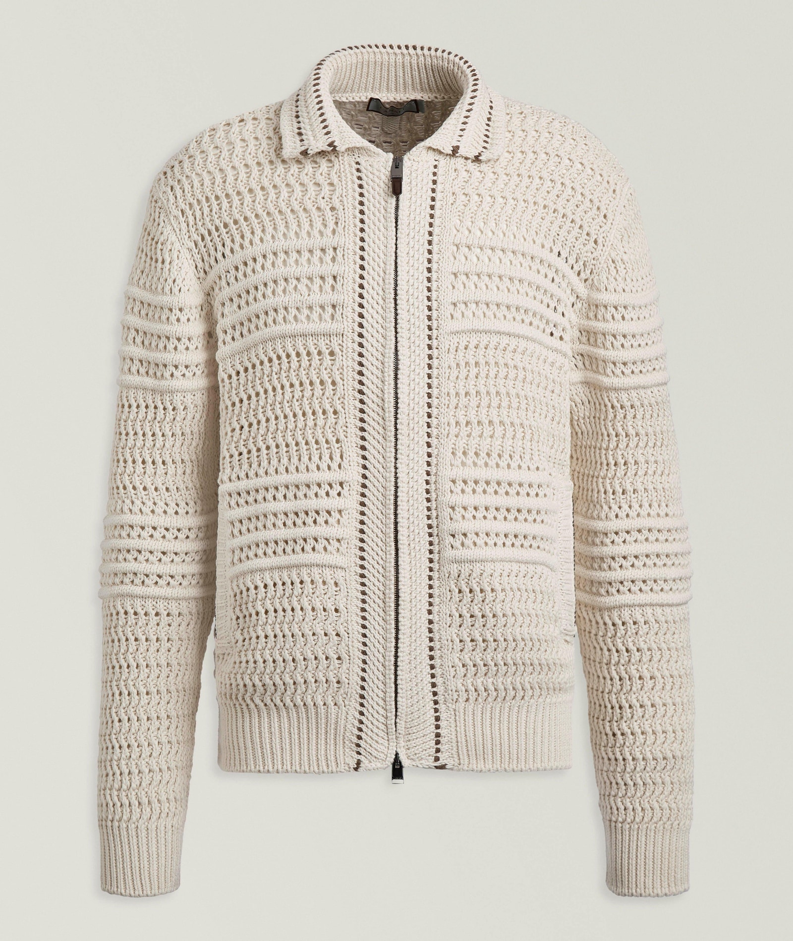 Canali Contrast-Stitch Crochet Knit Cardigan in White Cotton & Cotton Blends, image 1 of 1 from Harry Rosen